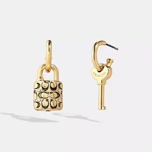 Coach Padlock & Key Mismatch Drop Huggie Hoop Earrings New